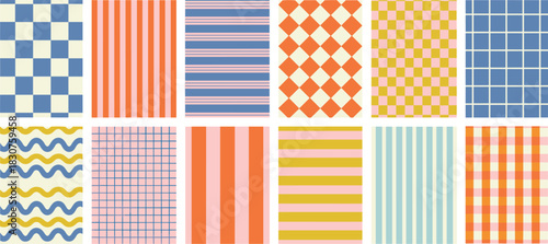 Geometric pattern icons, abstract design elements, colorful grid shapes, striped wave textures, vector set, modern layout, visual art, editable motifs