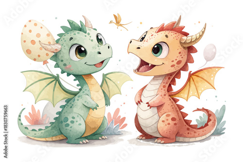 Cute Baby Dragon Watercolor  vector illustration isolated on white background