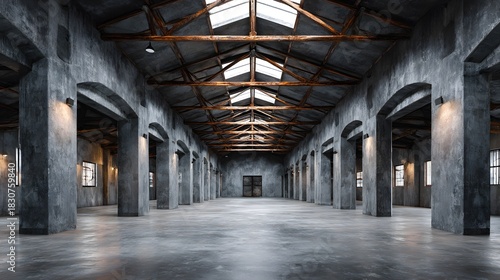 Wallpaper Mural Spacious empty concrete warehouse interior with high ceilings and steel beams featuring grunge grey wall texture and industrial architecture. Torontodigital.ca