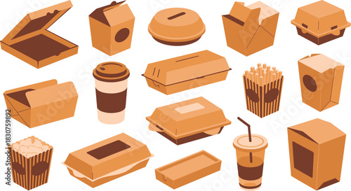 Food packaging icons, takeout containers, fast food boxes, delivery cups, vector set, restaurant branding, disposable design, colorful style, graphic elements
