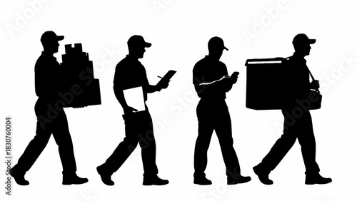 Delivery service personnel carrying packages and writing notes, illustrating logistics and shipping operations