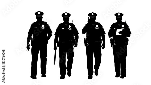 Four police officers silhouetted against a white background, walking forward