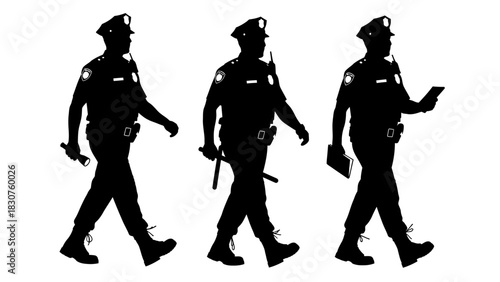 Silhouetted Police Officers Walking in Formation with Flashlights and Batons