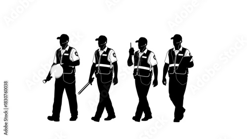 Four security guards walking with equipment in a line on white background