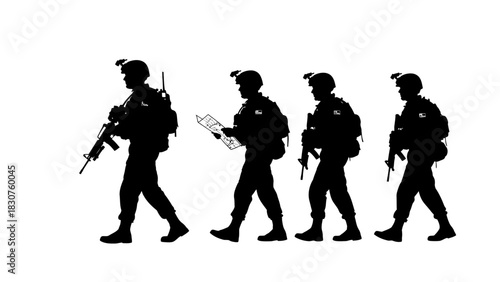 Military personnel marching in formation carrying rifles and a map