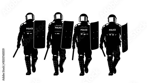Four heavily armored riot police officers with shields and batons advancing forward