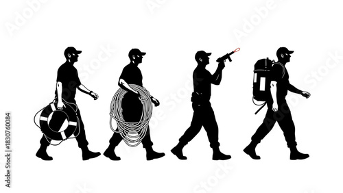 Evolution of rescue personnel carrying essential safety equipment for emergencies