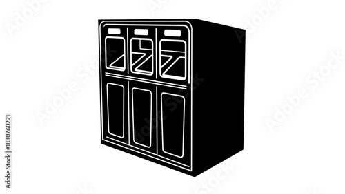 A black and white illustration of a modern waste sorting bin with multiple compartments for different types of trash
