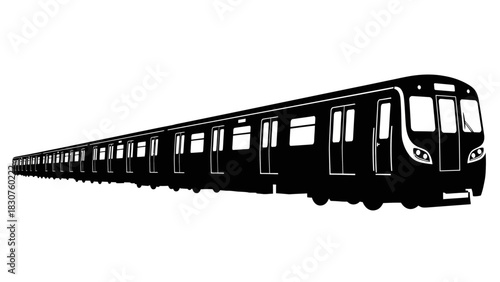 Black and white silhouette of a long passenger train with multiple cars traveling on a track