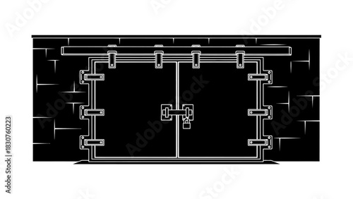 Abstract digital illustration of a dark industrial vault door with a metallic frame and stone wall background