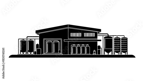 Industrial facility with storage tanks and processing equipment illustration