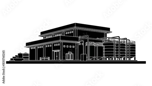 Modern Industrial Building with Tanks and Pipes, Architectural Design