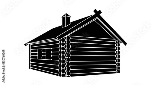 Simple black and white illustration of a rustic log cabin with a chimney on a white background