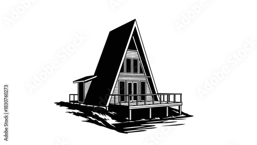 A-frame house with a deck and surrounding terrain, illustration