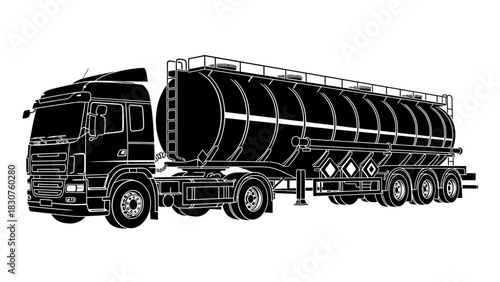 Black and white illustration of a large fuel tanker truck with multiple axles and a long cylindrical tank