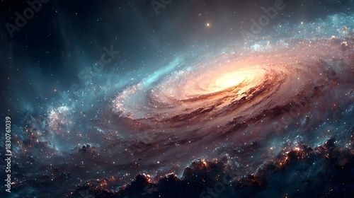 Spiral galaxy in deep space with nebula clouds and stardust showing vibrant cosmic colors and mesmerizing universe for astronomy photography.