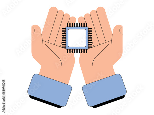A computer microchip is held gently in two open human hands, symbolizing care and innovation in technology.