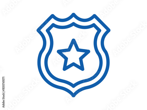 A blue line art illustration of a police badge with a star in the center against a white background.