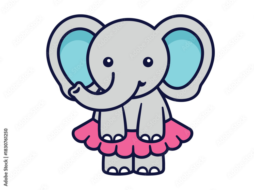 Fototapeta premium A cute cartoon elephant wearing a pink tutu and standing with a friendly expression.