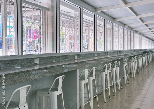 Long counter and stools with window closeup interior blur background