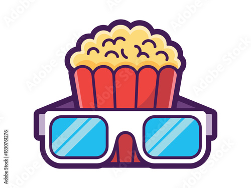 A bucket of popcorn and 3D glasses combine to represent the joy of cinema and movie entertainment.