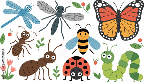Cartoon insect icons, nature elements, colorful bugs, leaves and flowers, educational vector set, children’s graphics, decorative design, playful style, garden theme