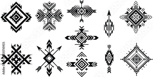 Collection of geometric tribal ethnic native american style diamond symbols, arrows, and decorative design elements isolated on white background.