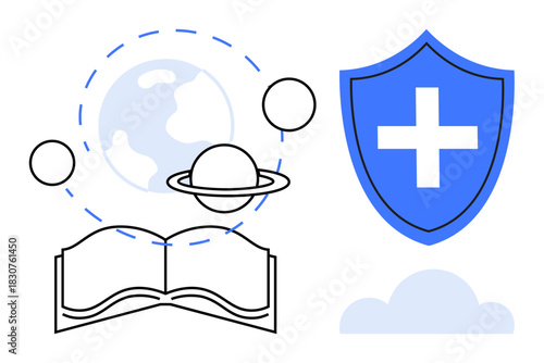 Open book with planetary symbols orbiting Earth, blue shield with a cross, and a cloud. Ideal for education, science, exploration, health, protection, security futuristic concepts simple flat