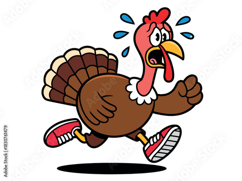 A cartoon turkey wearing sneakers is running in fear, possibly escaping from Thanksgiving dinner.