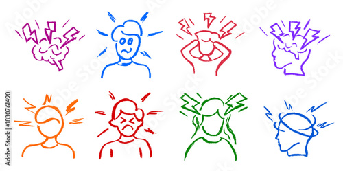 Head Pain Dizziness Related Icon Crayon Chalk Drawing Doodle Vector Set