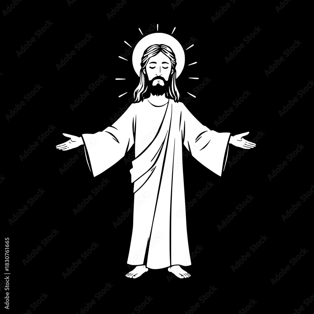Naklejka premium High-contrast monochrome illustration of Jesus Christ standing with arms wide open, wearing a simple white robe, a delicate halo encircling his head, and radiating beams of light emanating from his bo