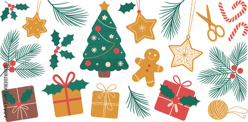 Christmas tree illustration, holiday icons, festive decorations, gingerbread cookies, gift boxes, candy canes, holly leaves, vector set, celebration design, crafting elements