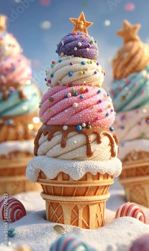 Wallpaper Mural Whimsical, stacked ice cream cone creation featuring multiple scoops, sweet sprinkles, and a star, on a sugary landscape Torontodigital.ca