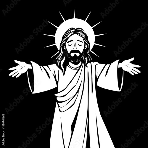High-contrast monochrome illustration of Jesus Christ standing with arms wide open, wearing a simple white robe, a delicate halo encircling his head, and radiating beams of light emanating from his bo