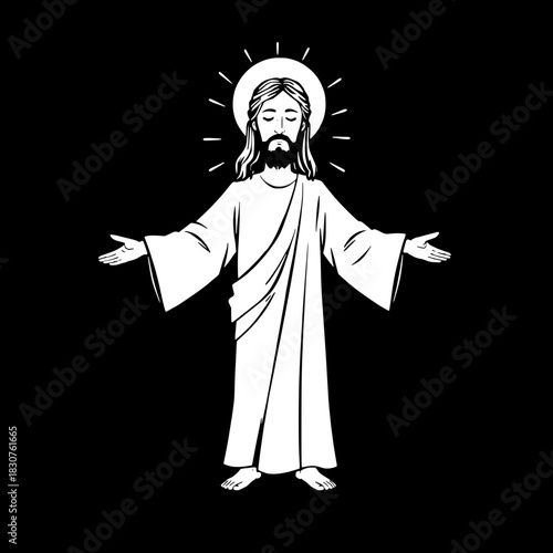 High-contrast monochrome illustration of Jesus Christ standing with arms wide open, wearing a simple white robe, a delicate halo encircling his head, and radiating beams of light emanating from his bo