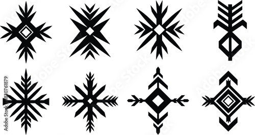 Collection of sharp geometric tribal ethnic native american style snowflake and star symbols design elements isolated on white background.