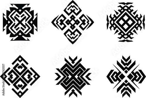 Set of intricate geometric tribal ethnic native american style diamond shaped symbols design elements for tattoo and textiles isolated on white.