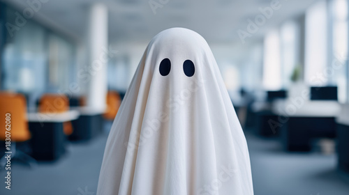 Wallpaper Mural Anonymous office worker covered in a white sheet costume standing in the middle of a modern corporate workplace. Torontodigital.ca