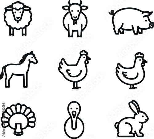 Line art icons of common farm animals sheep goat pig horse fowl rabbit