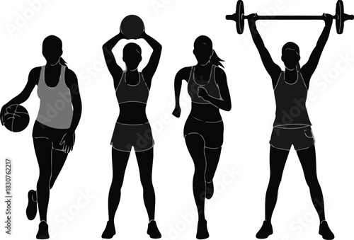 Diverse female silhouettes engage in varied fitness activities including basketball, weightlifting, and running, promoting health and wellness.