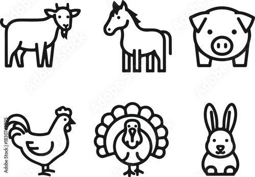 Farm animal collection line art icons goat horse pig chicken turkey rabbit