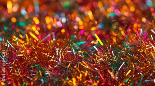 Bright tinsel strands shimmering in a mix of vibrant colors, creating a festive and sparkling scene with decorative metallic texture, glitter effects, and space for text or design concepts