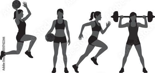 Silhouette of women engaged in various fitness activities: basketball, weightlifting, and running, emphasizing active lifestyle.