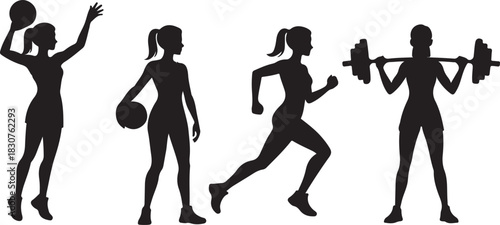 Silhouettes of women engaging in various sports and fitness activities, including basketball, running, and weightlifting.