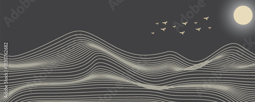 Vector abstract art landscape mountain with birds and sunrise sunset by golden line art texture isolated on dark grey black background. Minimal luxury style for wallpaper, wall art decoration.