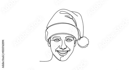 Line drawing of a smiling man wearing a santa hat with a pompom on the side of the hat drawn in black