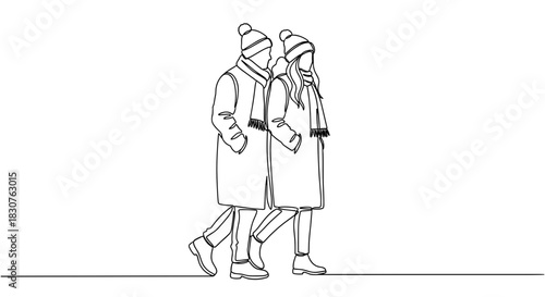 Continuous line drawing of a couple walking in winter clothes with hats and scarves in a simple style