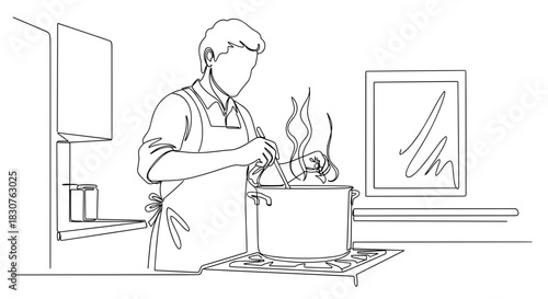 Continuous line drawing of a person cooking in the kitchen with a pot on the stove and steam rising