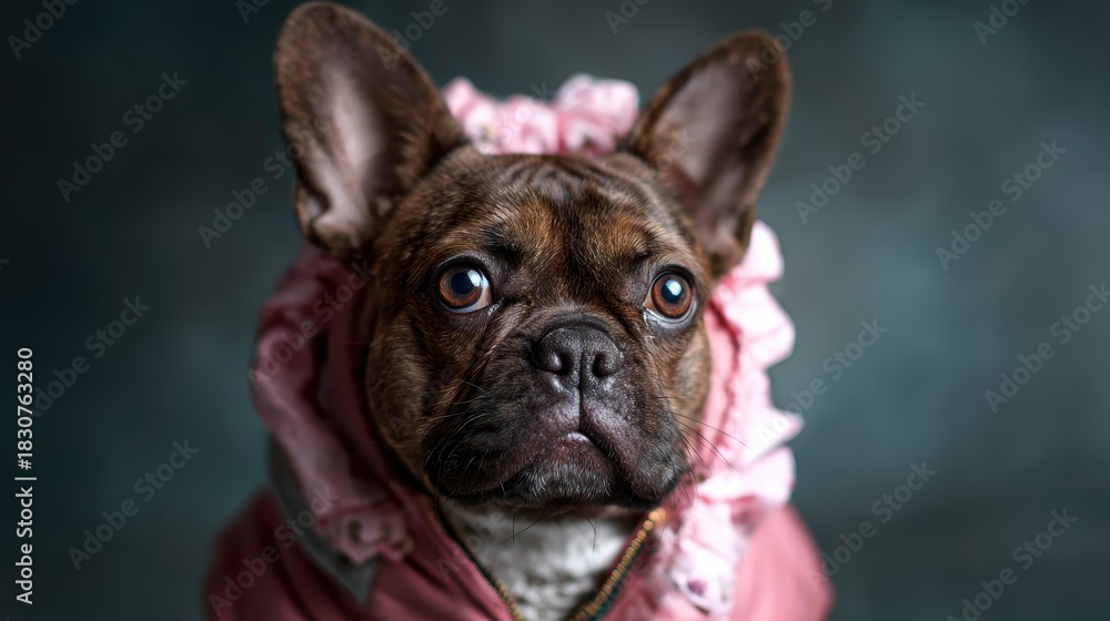 Fototapeta premium A charming French Bulldog adorned with a cute pink outfit poses against a softly lit backdrop, showcasing the playful and fashionable side of pet owners’ love for their companions.