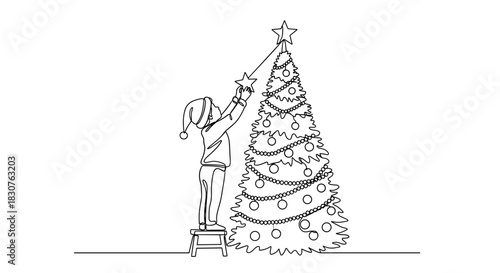 Person on stool placing star on top of christmas tree in a single line drawing illustration